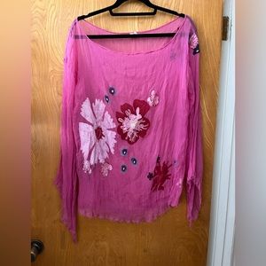 Joie sheer hand painted raw edge hem off the shoulder blouse L